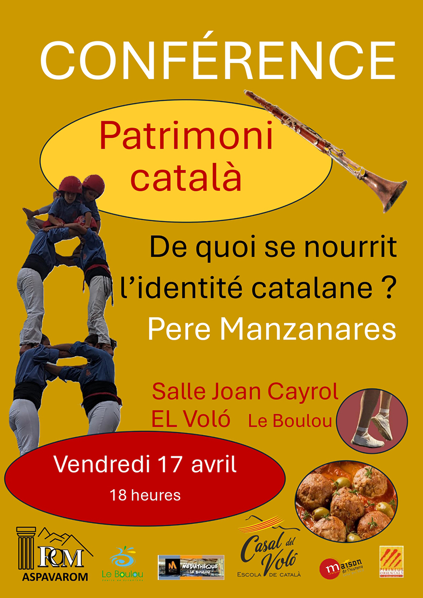 Affiche de la conférence de Pere Manzanares sur l'identité et le patrimoine catalan au Boulou, organisée par l'ASPAVAROM.